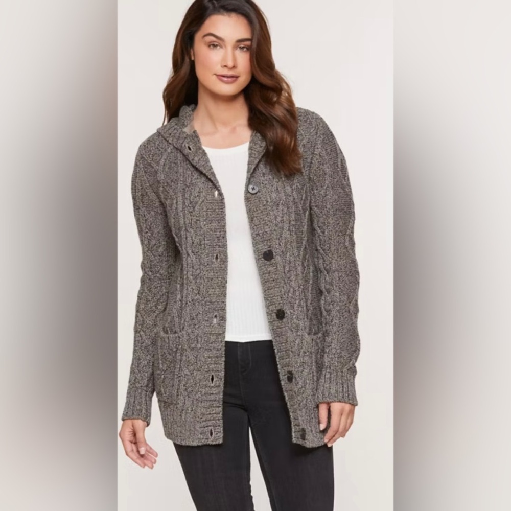 Overland Hoodie Cozy Cotton Gray Cable-Knit Long Cardigan  XSMALL